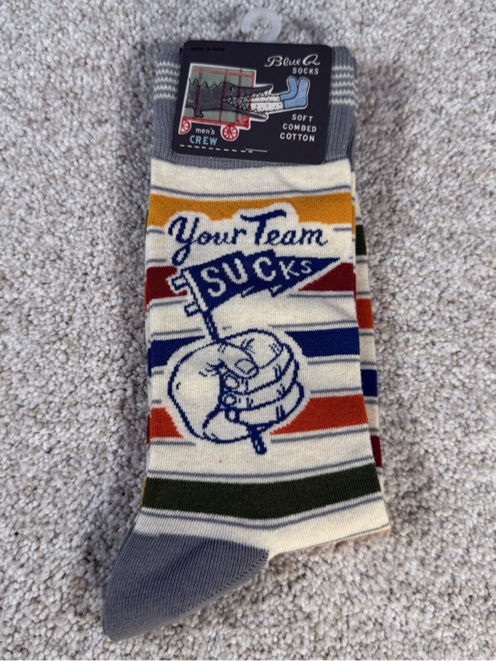 New Blue Q Men's shoe size 7-12 Your Team Sucks Funny Novelty Sports Crew Socks